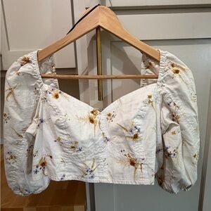 H&M Cream Floral Puff-Sleeve Cropped Top